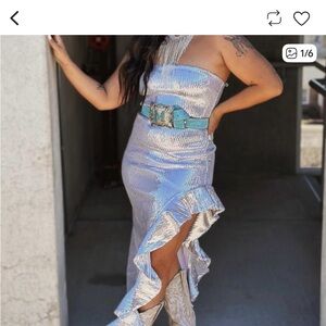 Holographic Silver Sequin Strapless Ruffle Midi Dress